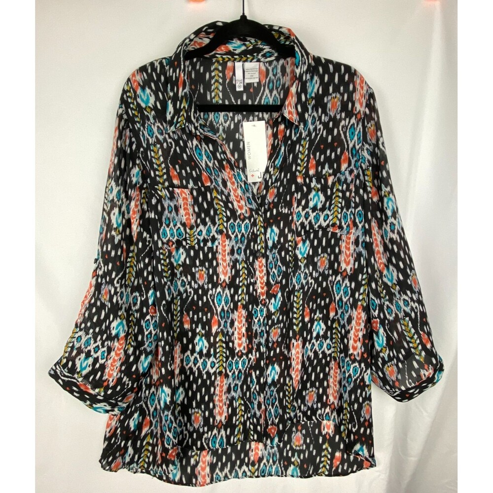 NWT Sami & Jo Blouse Womens 3X Multicolor Ikat‎ Print Button Up Top Southwestern